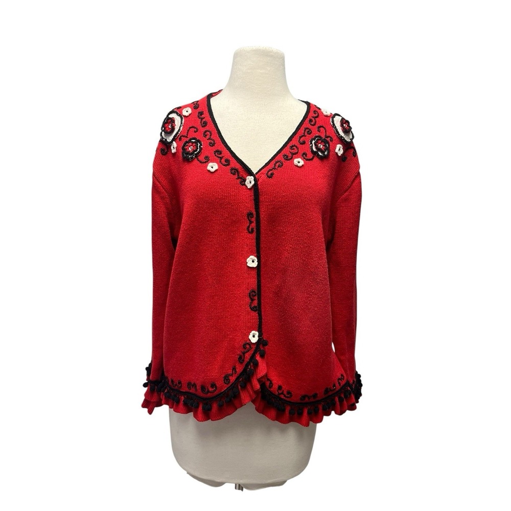 Storybook Knits‎ Large Cardigan Red Black Spanish Passion Pom Pom Ruffle Flower
